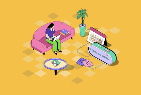 Freelance work web concept in 3d isometric graphic design. Isometry people scene with woman working as freelancer at home office, doing tasks indoors and communicating online. Vector illustration.のイラスト素材
