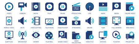 Video icon set in flat duotone solid icons web design. Pack pictograms with camera, movie, play,...