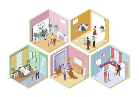 Photo studio 3d isometric rooms concept in isometry graphic design for web. People posing for getting picture at session, photographer shooting models or making family portrait. Vector illustration.のイラスト素材