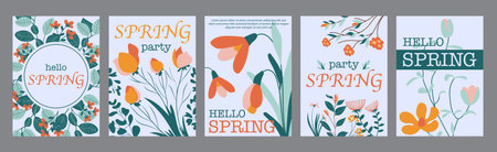 Spring flowers typography template posters. Vertical covers with beautiful colourful blossoms, snowdrops and tulips, wildflowers bouquet. Modern banners set in minimalism design. Vector illustration.のイラスト素材
