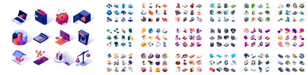 Mega set of vector isometric icons. Contains such 3d icon collection as business, finance, robotization industry, commerce, shopping, gadgets, clean energy, education. Isometry pictogram pack.のイラスト素材