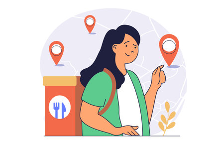 Delivery service concept with cartoon people in flat design for web. Woman working as courier and carrying food bag to client home, fast shipping package to locations at map. Vector illustration.のイラスト素材