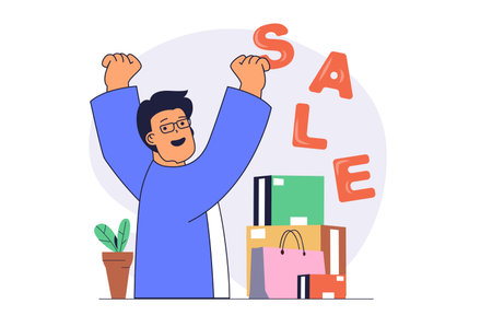 Shopping concept with cartoon people in flat design for web. Happy man doing purchases on sales, buying new products in packages at stores and markets with clearance offers. Vector illustration.のイラスト素材