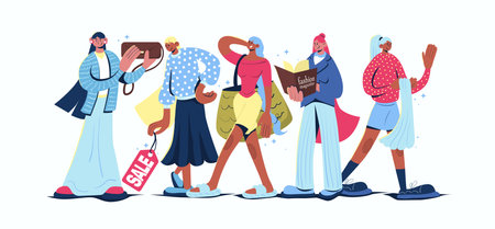 Women fashion concept in cartoon web design. Female people making shopping, buying new clothing and accessory, selecting stylish casual outfits. Flat vector illustration isolated on white background.のイラスト素材