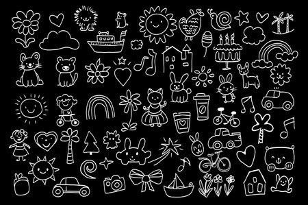 Cute hand drawn doodles mega set elements in flat graphic design. Collection objects of flowers, hearts, clouds, lion, ship, sun, snail, stars, palm, rainbow, cat, dog and other. Vector illustration.のイラスト素材