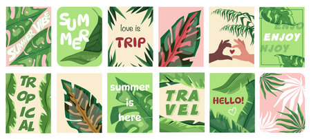 Tropical summer vibe cover typography template for posters, prints. Minimalistic banners set with jungle leaves and green monstera, tropic palms, couple in summertime travel. Vector illustration.のイラスト素材