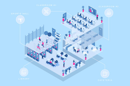 School learning 3d isometric concept for web design. People in isometry rooms learning at classrooms, reading books in library, training at sports hall, eating at cafeteria. Vector illustration.のイラスト素材