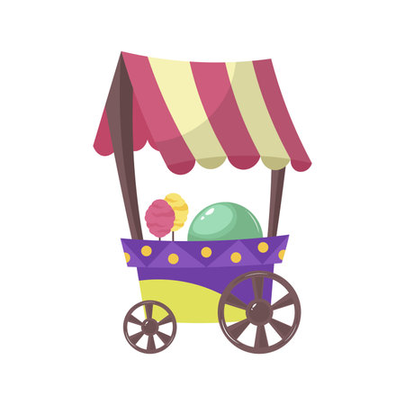 Ice cream cart in flat design. Street food kiosk in amusement park. Vector illustration isolated.のイラスト素材