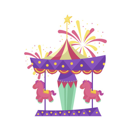 Classic carousel with horse in flat design. Amusement park entertainment. Vector illustration isolated.のイラスト素材