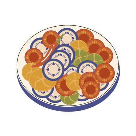 Ratatouille in flat design. French dish with vegetable slices ragout. Vector illustration isolated.のイラスト素材
