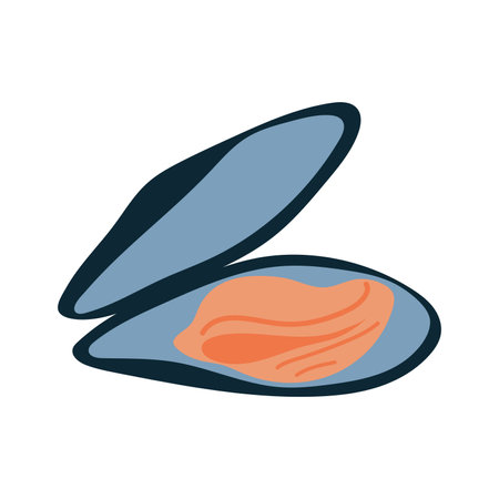 Shell with mussel in flat design. Mollusk ingredient for seafood menu. Vector illustration isolated.のイラスト素材