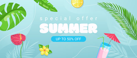 Summer horizontal sale banner. Shopping promotion poster template with tropical palm tree and monstera leaves, calla lily and hibiscus flowers, beach soft cocktail, lemon slice. Vector illustration.のイラスト素材