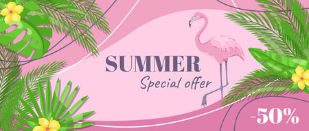 Summer horizontal sale banner. Shopping promotion poster template with green lush silhouettes of tropical palms foliage and monstera leaves, jungle leaflets and pink flamingo. Vector illustration.のイラスト素材
