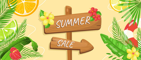 Summer horizontal sale banner. Shopping promotion poster template with signpost directions, hibiscus and calla lily flowers, green lush palm leaves, slices of orange, lemon, lime. Vector illustration.のイラスト素材