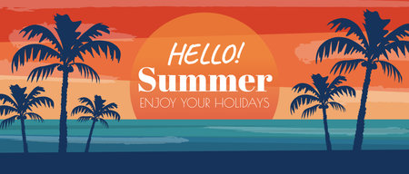 Summer horizontal sale banner. Shopping promotion poster template with retro tropical palm tree silhouettes and ocean sunset, invitation with vacation at island beach nature. Vector illustration.のイラスト素材