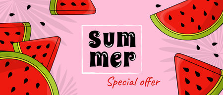 Summer horizontal sale banner. Shopping promotion poster template with cute colourful cartoon sweet and juicy watermelon slices and tropical palm leaf silhouettes decoration. Vector illustration.のイラスト素材