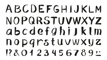 English alphabet set of marker brush stroke texture. Doodle handwriting elements with latin letters and numbers. Black hand drawn calligraphy script, grunge rough write typeface. Vector illustration.のイラスト素材