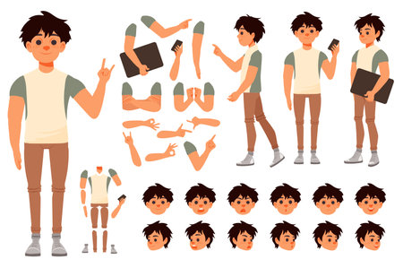 Teenage boy character constructor for animation with parts set. Customized people collection with teenager poses, facial expressions heads, arms with phone, laptop, gesture, more. Vector illustration.のイラスト素材