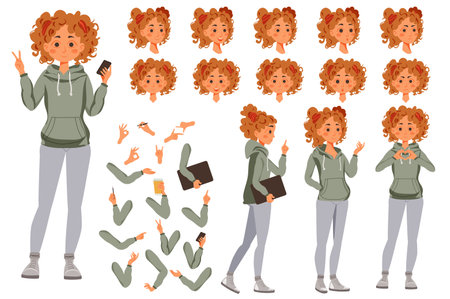 Teenage girl character constructor for animation with parts set. Customized people collection with teenager poses, facial expressions heads, arms with phone, gesture, more. Vector illustration.のイラスト素材