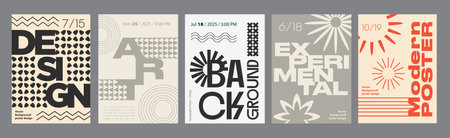 Minimalism geometric poster cover set. A4 banners with brutalism forms, different prints shapes, abstract line patterns, calm colours. Modernism art design with Y2K aesthetics. Vector illustration.のイラスト素材