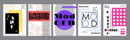 Minimalism geometric poster cover set. A4 banners with brutalism shapes, dots or striped prints, square or circle forms, vivid colours. Modernism art design with Y2K aesthetics. Vector illustration.のイラスト素材
