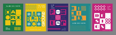 Minimalism geometric poster cover set. A4 banners with brutalism shapes, square mosaics, striped line prints, colourful minimal fliers. Modernism art design with Y2K aesthetics. Vector illustration.のイラスト素材