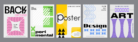 Minimalism geometric poster cover set. A4 banners with brutalism elements, striped grids, dots pattern, trendy composition. Modernism art design with Y2K aesthetics. Vector illustration.のイラスト素材