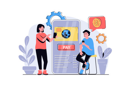 Online payment web concept with cartoon people design. Man and woman paying purchases with credit card, sending money in mobile banking app. Flat illustration isolated on white background.の写真素材