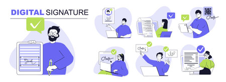 Digital signature concept set for web design. Collection with people signing law documents with electronic identification certificate online. Flat vector illustration isolated on white background.のイラスト素材