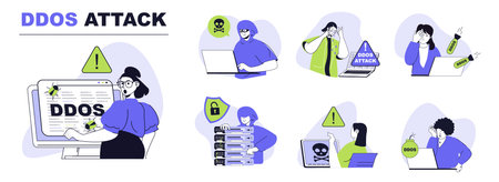 DDoS attack concept set for web design. Collection with people suffering from danger overload network traffic, hacker digital bombs and viruses. Flat vector illustration isolated on white background.のイラスト素材