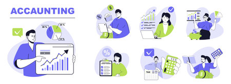 Accounting concept set for web design. Collection with people making financial balance review, tax calculation, banking and investing money. Flat vector illustration isolated on white background.のイラスト素材