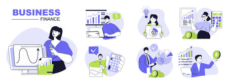 Business and finance concept set for web design. Collection with people make financial analysis, brainstorming, planning income growth strategy. Flat vector illustration isolated on white background.のイラスト素材