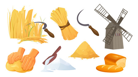 Bakery production stages set in flat cartoon design. Collection isolated elements of growing cereals, harvesting with sickle, grinding in mill, flour, knead dough and bread loaf. Vector illustration.のイラスト素材