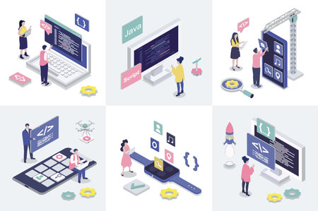 App development 3d isometry concept for web design. Collection set with isometric people programming applications, creating interface layouts, making settings and optimization. Vector illustration.のイラスト素材