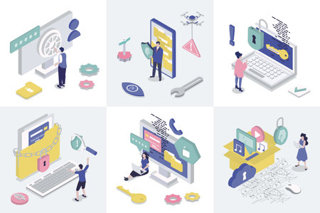 Cyber security 3d isometry concept for web design. Collection set with isometric people using safety access with data privacy protection, fingerprint verification and passwords. Vector illustration.のイラスト素材