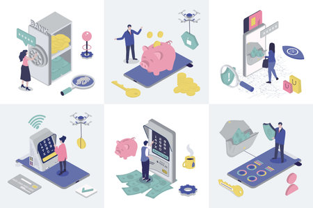 Mobile banking 3d isometry concept for web design. Collection set with isometric people saving money in bank safe, doing financial management in app, cash out in atm, online pays. Vector illustration.のイラスト素材