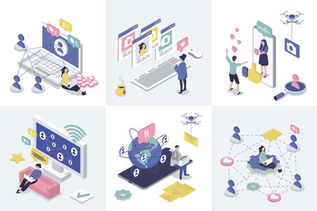 Social network 3d isometry concept for web design. Collection set with isometric people connecting and communicating online, chat with friends, commenting posts, likes and shares. Vector illustration.のイラスト素材