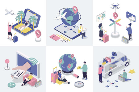 Travelling 3d isometry concept for web design. Collection set with isometric people booking flight tickets online, global tourism, car vacation, summer trip to sea beach resort. Vector illustration.のイラスト素材