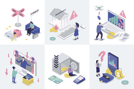 Unemployment and crisis 3d isometry concept for web design. Collection set with isometric people was fired, financial problems, jobless, global economic recession with arrow down. Vector illustration.のイラスト素材