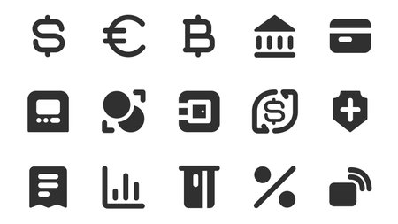 Payments and finance glyph icons pack for web design. Solid icon set with dollar, euro, bitcoin, bank, banking, credit card, currency exchange, safe, shield and more pictograms. Vector illustration.のイラスト素材