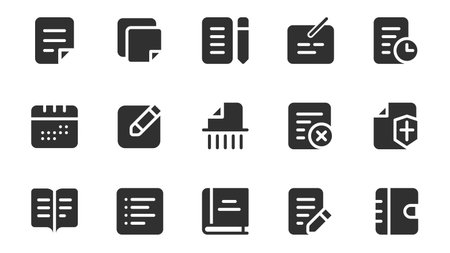 Content edit glyph icons pack for web design. Solid icon set with text, document file, pen writing, article, deadline, calendar, blog, message, social media and more pictograms. Vector illustration.のイラスト素材