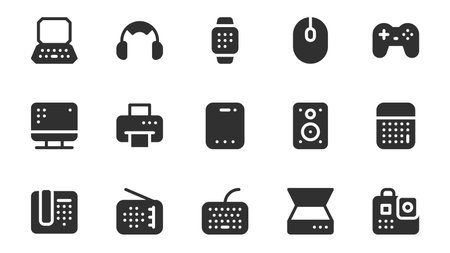 Computers and devices glyph icons pack for web design. Solid icon set with electronics, laptop, headset, smart watch, computer mouse, joystick, printer and more pictograms. Vector illustration.のイラスト素材