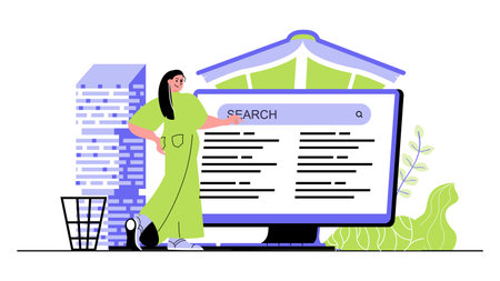 Distance learning concept for modern web design. People studying online, searching new information using laptop, watching lectures and lessons. Flat vector illustration isolated on white background.のイラスト素材