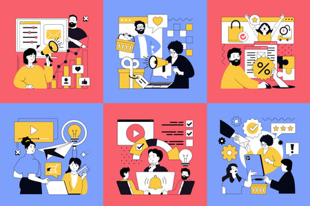 Digital content marketing concept of social media banners set for web design. People making internet advertising, online promotion for attracting clients, offering bonus, gifts. Vector illustrations.のイラスト素材
