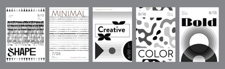 Abstract modern monochrome poster template. Banner set layouts with linear grids, line distorted forms, rippled liquid shapes, simple flowers. Black and white covers design. Vector illustration.のイラスト素材