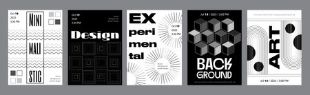 Abstract modern monochrome poster template. Banner set layouts with dynamic dot wave frames, line square shapes, linear circles, cubes texture. Black and white covers design. Vector illustration.のイラスト素材