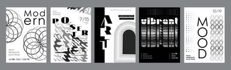 Abstract modern monochrome poster template. Banner set layouts with round fractal forms, liquid shapes, curved frame forms, distorted typescript. Black and white covers design. Vector illustration.のイラスト素材