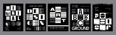 Abstract modern monochrome poster template. Banner set layouts with dynamic cubes ornament and rippled wavy grids with distorted bold typescript. Black and white covers design. Vector illustration.のイラスト素材