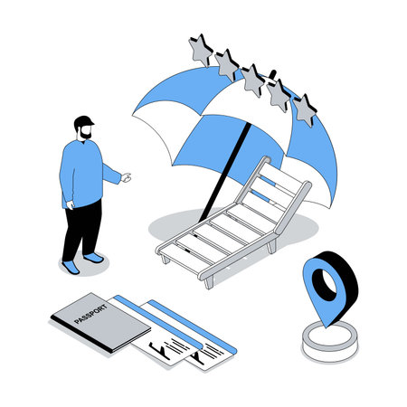 Booking 3d isometric concept with isometry people design for web. Traveller planning summer holiday, orderinf flight tickets with passport, go on vacation on sea beach with sunbed. Vector illustrationのイラスト素材