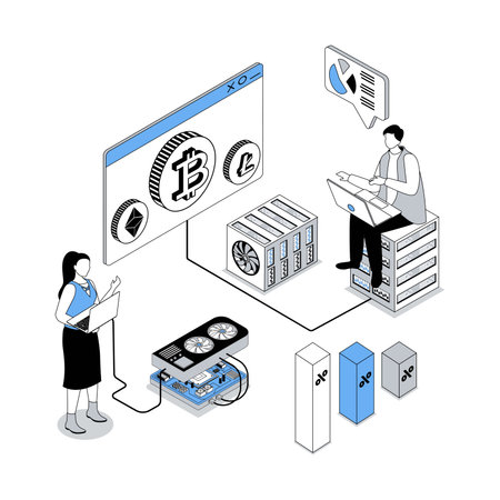 Cryptocurrency 3d isometric concept with isometry people design for web. Users making investments at crypto market, analyzing data charts, mining coins at farm infrastructure. Vector illustrationのイラスト素材